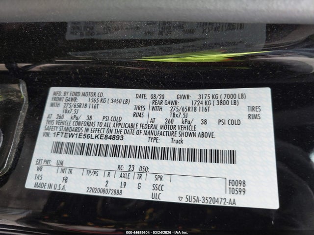 44689604 :رقم المزاد ، 1FTEW1E56LKE84893 vin ، 2020 Ford F-150 Xlt مزاد بيع