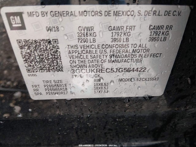 Aukcja sprzedaży 2018 Chevrolet Silverado 1500 2lt, vin: 3GCUKREC5JG564422, numer aukcji: 44689613
