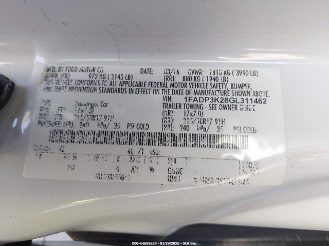 2016 Ford Focus Se მანქანა იყიდება აუქციონზე, vin: 1FADP3K28GL311462, აუქციონის ნომერი: 44689624