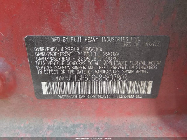 Aukcja sprzedaży 2008 Subaru Impreza 2.5i, vin: JF1GH61668H807803, numer aukcji: 44689627