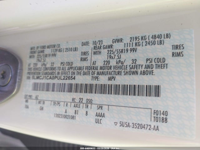 44689633 :رقم المزاد ، 5LMCJ1CA0PUL22654 vin ، 2023 Lincoln Corsair Standard مزاد بيع