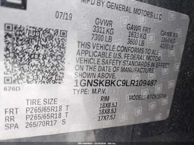 2020 Chevrolet Tahoe 4wd Lt მანქანა იყიდება აუქციონზე, vin: 1GNSKBKC9LR109487, აუქციონის ნომერი: 44689644
