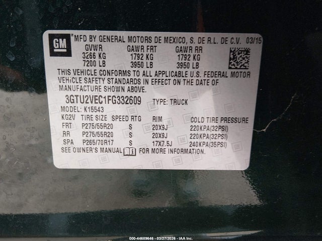 Aukcja sprzedaży 2015 Gmc Sierra 1500 Slt, vin: 3GTU2VEC1FG332609, numer aukcji: 44689646