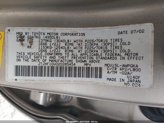 44689671 :رقم المزاد ، JTJHF10U020285454 vin ، 2002 Lexus Rx 300 مزاد بيع