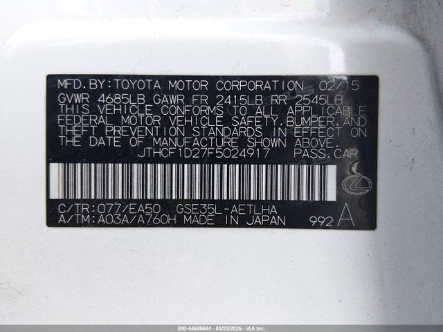 44689684 :رقم المزاد ، JTHCF1D27F5024917 vin ، 2015 Lexus Is 250 مزاد بيع