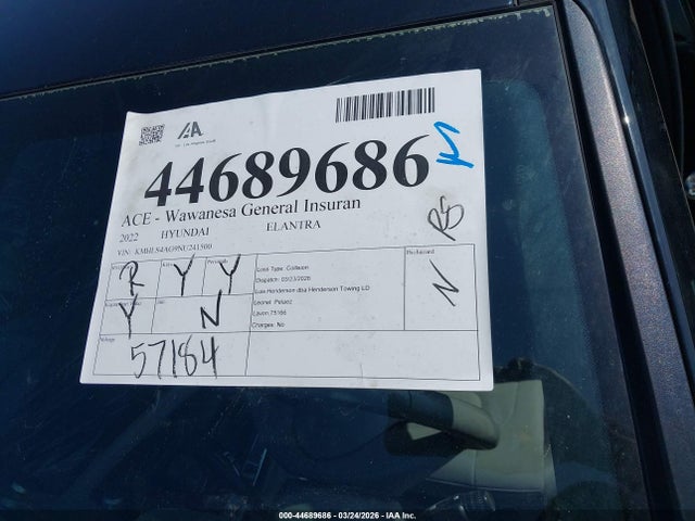 44689686 :رقم المزاد ، KMHLS4AG9NU241500 vin ، 2022 Hyundai Elantra Sel مزاد بيع