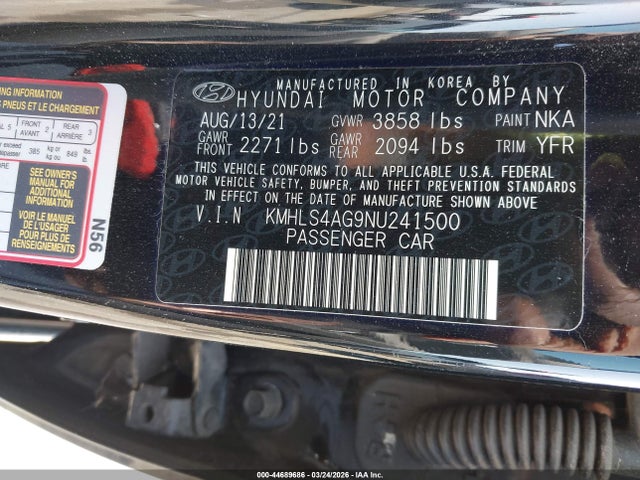 44689686 :رقم المزاد ، KMHLS4AG9NU241500 vin ، 2022 Hyundai Elantra Sel مزاد بيع