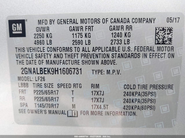Aukcja sprzedaży 2017 Chevrolet Equinox Ls, vin: 2GNALBEK9H1606731, numer aukcji: 44689704
