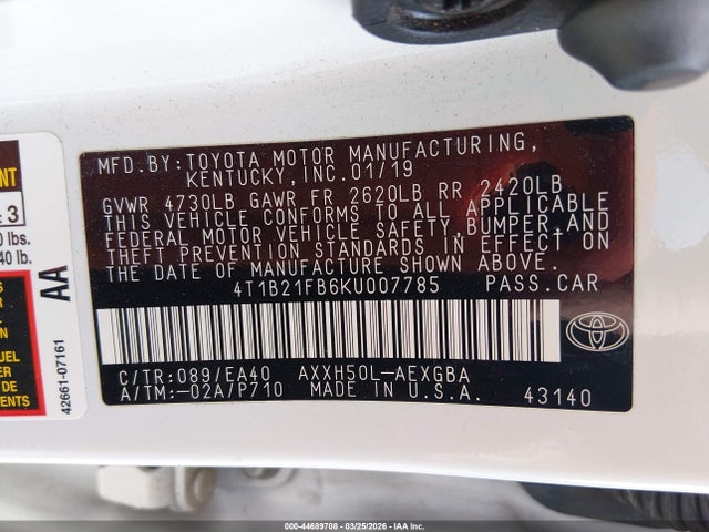 4T1B21FB6KU007785 Toyota Avalon Hybrid Xle
