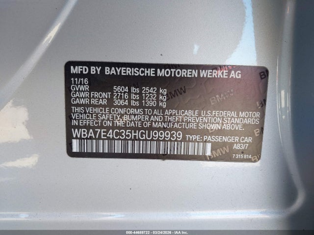 Aukcja sprzedaży 2017 Bmw 740i Xdrive, vin: WBA7E4C35HGU99939, numer aukcji: 44689722