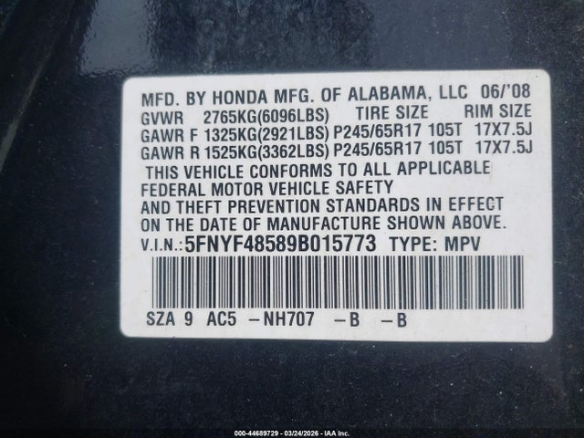 44689729 :رقم المزاد ، 5FNYF48589B015773 vin ، 2009 Honda Pilot Ex-l مزاد بيع