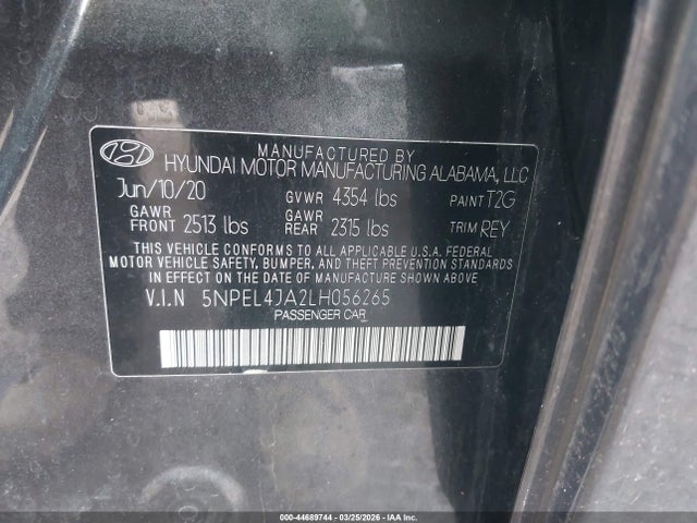 44689744 :رقم المزاد ، 5NPEL4JA2LH056265 vin ، 2020 Hyundai Sonata Sel مزاد بيع