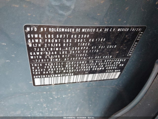 2021 Volkswagen Tiguan 2.0t Se/2.0t Se R-line Black/2.0t Sel მანქანა იყიდება აუქციონზე, vin: 3VV2B7AX4MM019808, აუქციონის ნომერი: 44689762