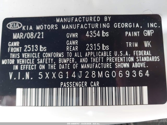 Продаж на аукціоні авто 2021 Kia K5 Lxs, vin: 5XXG14J28MG069364, номер лоту: 44689767