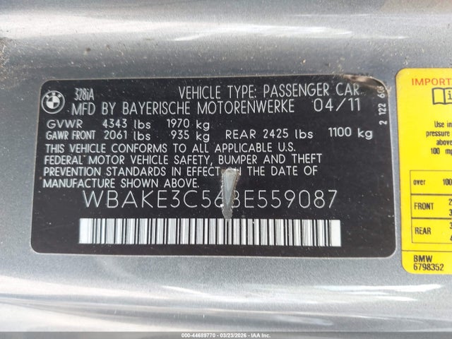 Aukcja sprzedaży 2011 Bmw 328i, vin: WBAKE3C56BE559087, numer aukcji: 44689770