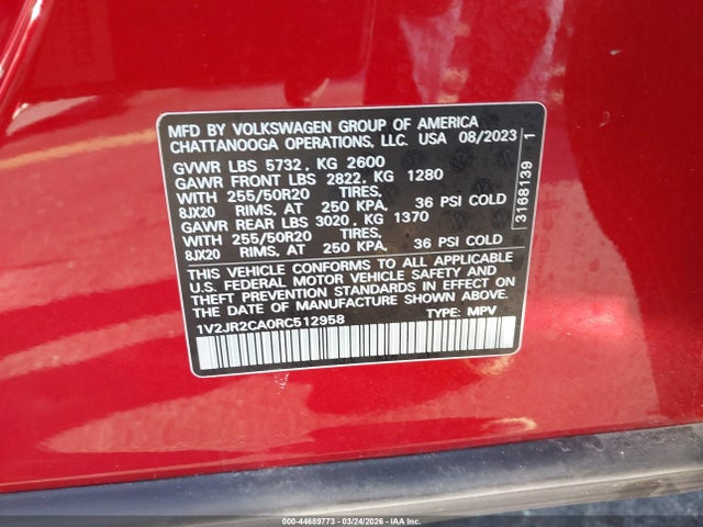 Продаж на аукціоні авто 2024 Volkswagen Atlas 2.0t Se W/technology, vin: 1V2JR2CA0RC512958, номер лоту: 44689773