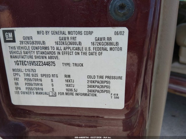 2002 Gmc Sierra 1500 Sle მანქანა იყიდება აუქციონზე, vin: 1GTEC19V52Z344875, აუქციონის ნომერი: 44689784