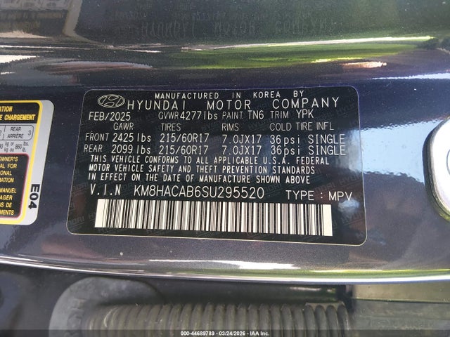 Aukcja sprzedaży 2025 Hyundai Kona Se, vin: KM8HACAB6SU295520, numer aukcji: 44689789