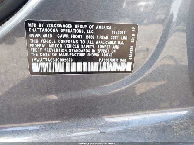 Продаж на аукціоні авто 2017 Volkswagen Passat 1.8t S, vin: 1VWAT7A35HC032673, номер лоту: 44689790