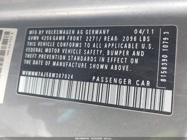 2011 Volkswagen Golf Tdi 2-door მანქანა იყიდება აუქციონზე, vin: WVWMM7AJ5BW307024, აუქციონის ნომერი: 44689793