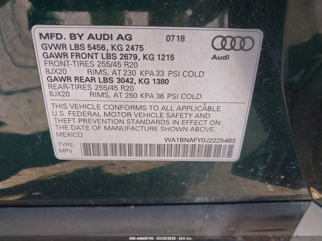 Aukcja sprzedaży 2018 Audi Q5 2.0t Premium/2.0t Tech Premium, vin: WA1BNAFY0J2225483, numer aukcji: 44689795