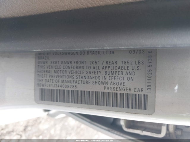 44689827 :رقم المزاد ، 9BWFL61J344008285 vin ، 2004 Volkswagen Golf Gl 2.0l مزاد بيع