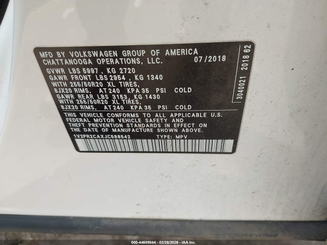 Продаж на аукціоні авто 2018 Volkswagen Atlas 3.6l V6 Se W/technology, vin: 1V2PR2CAXJC588542, номер лоту: 44689844