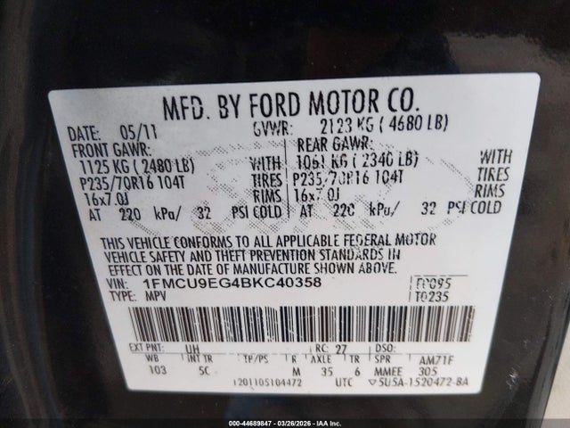 44689847 :رقم المزاد ، 1FMCU9EG4BKC40358 vin ، 2011 Ford Escape Limited مزاد بيع
