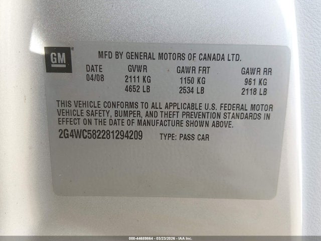 Aukcja sprzedaży 2008 Buick Lacrosse Cx, vin: 2G4WC582281294209, numer aukcji: 44689864