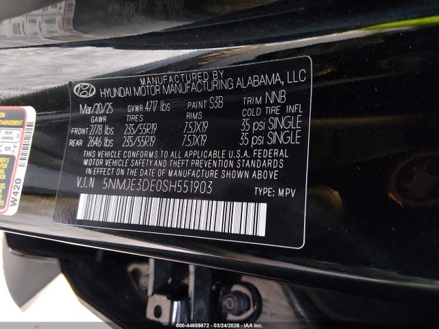 44689872 :رقم المزاد ، 5NMJE3DE0SH551903 vin ، 2025 Hyundai Tucson Limited مزاد بيع