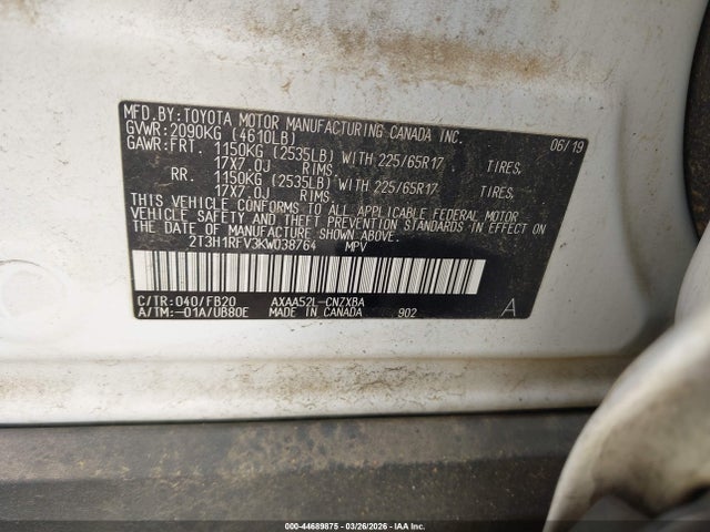 Продаж на аукціоні авто 2019 Toyota Rav4 Le, vin: 2T3H1RFV3KW038764, номер лоту: 44689875
