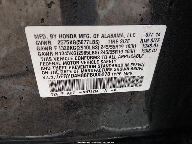 44689893 :رقم المزاد ، 5FRYD4H86FB005270 vin ، 2015 Acura Mdx Advance Pkg W/entertainment Pkg مزاد بيع