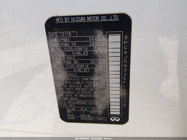 44689900 :رقم المزاد ، 3PCAJ5M32KF132328 vin ، 2019 Infiniti Qx50 Luxe مزاد بيع