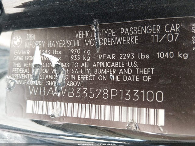 2008 Bmw 328i მანქანა იყიდება აუქციონზე, vin: WBAWB33528P133100, აუქციონის ნომერი: 44689908