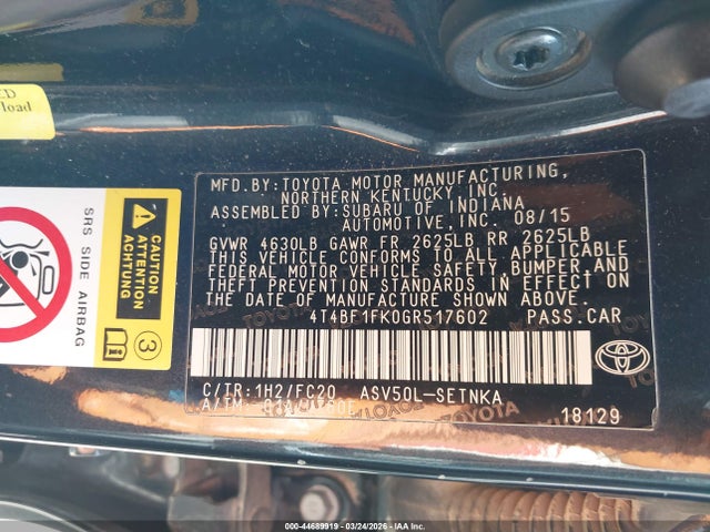 2016 Toyota Camry Le მანქანა იყიდება აუქციონზე, vin: 4T4BF1FK0GR517602, აუქციონის ნომერი: 44689919