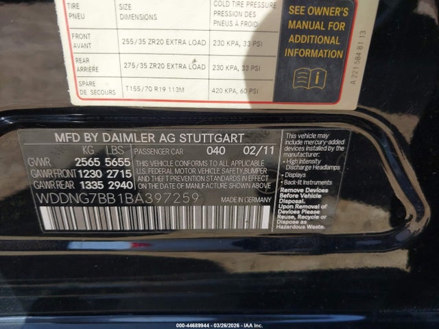 44689944 :رقم المزاد ، WDDNG7BB1BA397259 vin ، 2011 Mercedes-benz S 550 مزاد بيع