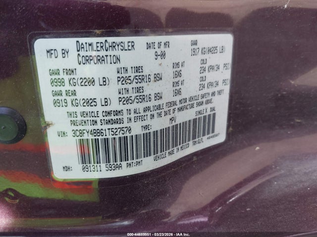 2001 Chrysler Pt Cruiser მანქანა იყიდება აუქციონზე, vin: 3C8FY4BB61T527570, აუქციონის ნომერი: 44689951