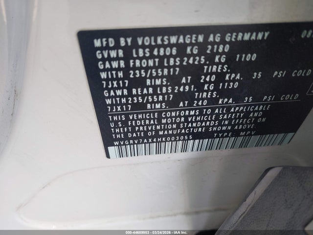 Продаж на аукціоні авто 2017 Volkswagen Tiguan 2.0t Wolfsburg Edition, vin: WVGRV7AX4HK003055, номер лоту: 44689953