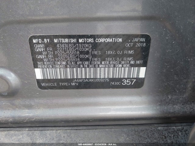 Auction sale of the 2019 Mitsubishi Outlander Sport 2.0 Le, vin: JA4AP3AU4KU009275, lot number: 44689957