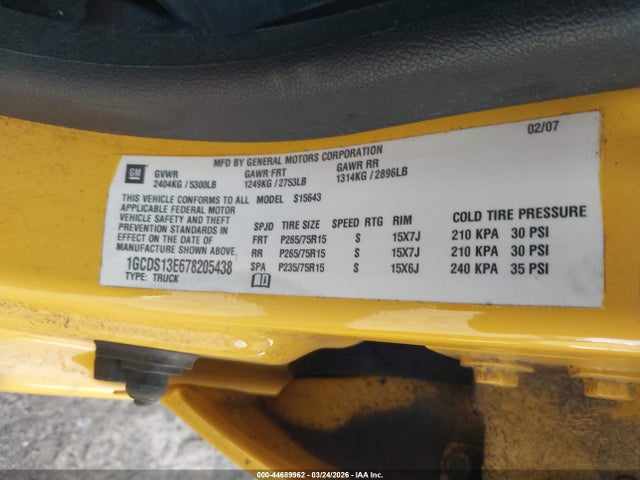 Продажа на аукционе авто 2007 Chevrolet Colorado Lt, vin: 1GCDS13E678205438, номер лота: 44689962