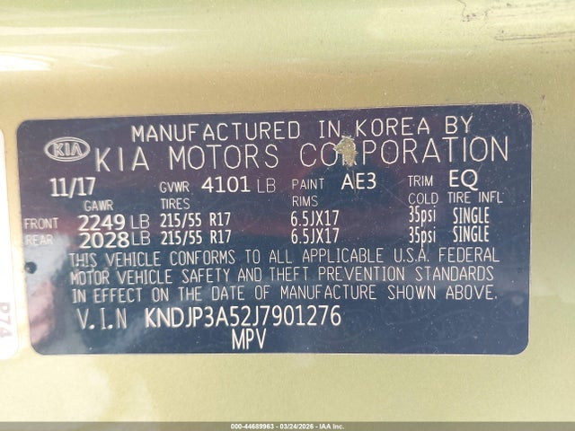 44689963 :رقم المزاد ، KNDJP3A52J7901276 vin ، 2018 Kia Soul + مزاد بيع
