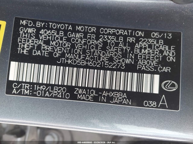 Aukcja sprzedaży 2013 Lexus Ct 200h, vin: JTHKD5BH6D2152273, numer aukcji: 44689980