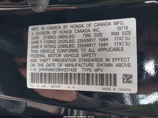 44689984 :رقم المزاد ، 2HKRW6H33KH231438 vin ، 2019 Honda Cr-v Lx مزاد بيع