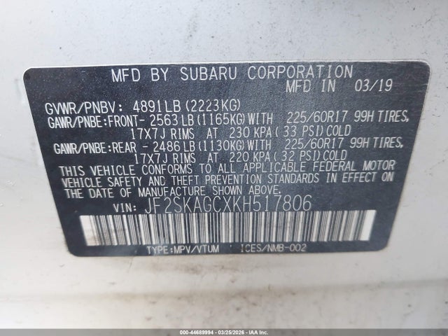 Aukcja sprzedaży 2019 Subaru Forester Premium, vin: JF2SKAGCXKH517806, numer aukcji: 44689994