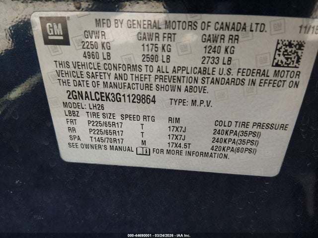 44690001 :رقم المزاد ، 2GNALCEK3G1129864 vin ، 2016 Chevrolet Equinox Lt مزاد بيع