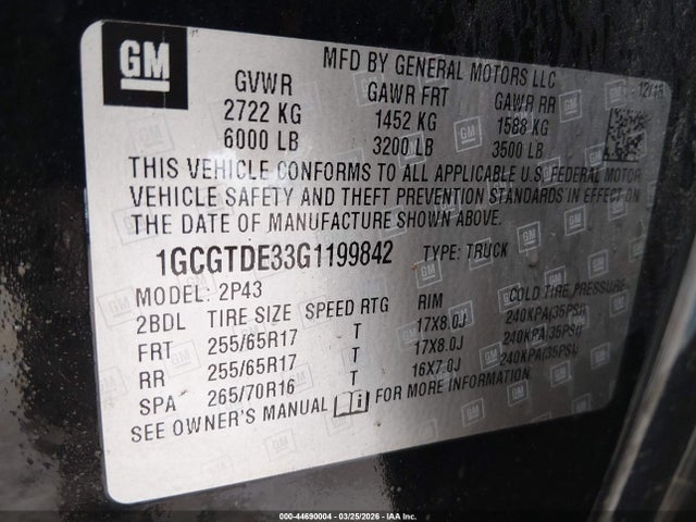 Aukcja sprzedaży 2016 Chevrolet Colorado Z71, vin: 1GCGTDE33G1199842, numer aukcji: 44690004