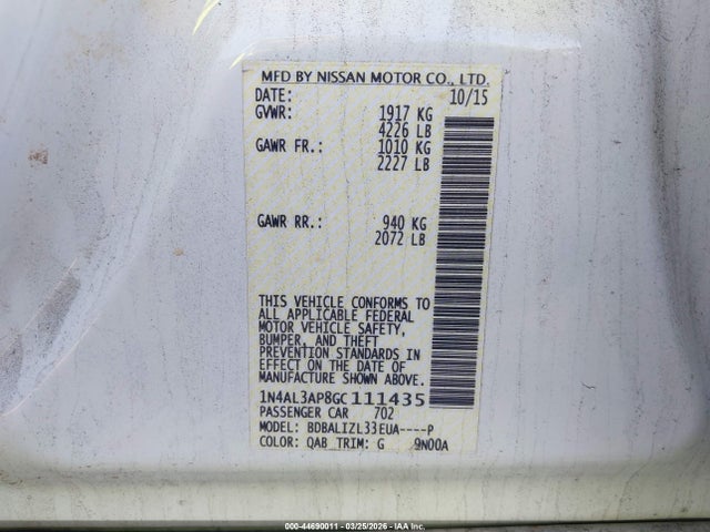 44690011 :رقم المزاد ، 1N4AL3AP8GC111435 vin ، 2016 Nissan Altima 2.5 Sv مزاد بيع