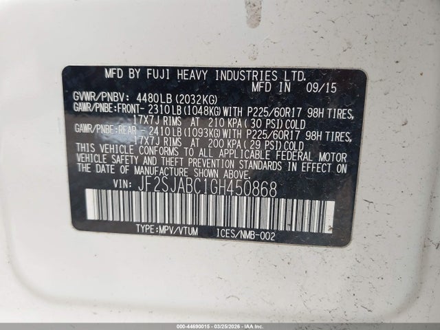 44690015 :رقم المزاد ، JF2SJABC1GH450868 vin ، 2016 Subaru Forester 2.5i مزاد بيع