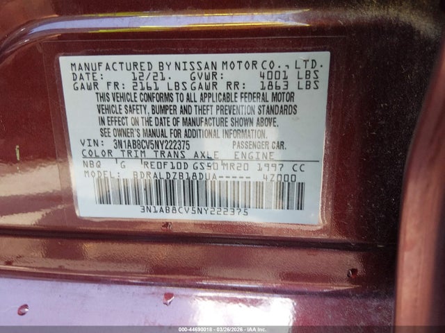 Продажа на аукционе авто 2022 Nissan Sentra Sv Xtronic Cvt, vin: 3N1AB8CV5NY222375, номер лота: 44690018