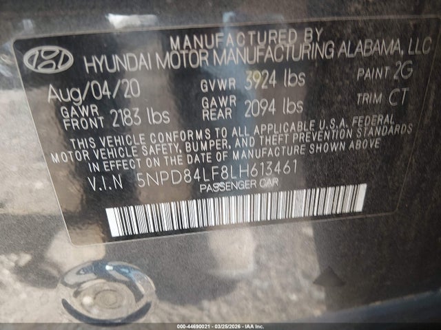 2020 Hyundai Elantra Sel მანქანა იყიდება აუქციონზე, vin: 5NPD84LF8LH613461, აუქციონის ნომერი: 44690021